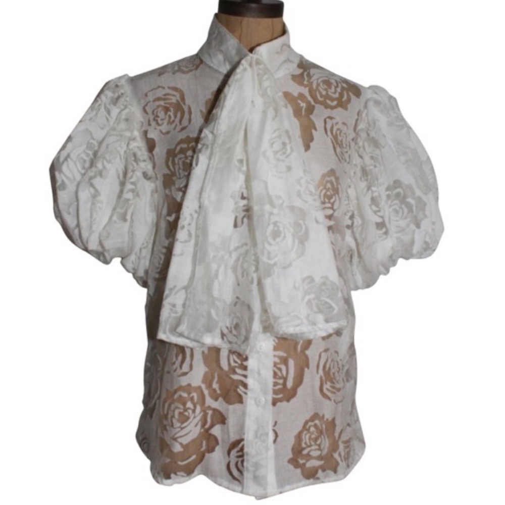 GRACIA sheer lace puff sleeves tie neck top -36 chest